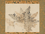 Waka Poem with Printed Gold-and-Silver Underpainting of Cypress Fronds, Calligraphy by Hon'ami Kōetsu 本阿弥光悦 (Japanese, 1558–1637), Section of a handscroll mounted as hanging scroll; ink on paper with decoration printed in gold and silver, Japan