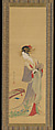 Courtesan with Fan and Koto, Chōbunsai Eishi 鳥文斎栄之 (Japanese, 1756–1829), Hanging scroll; color on silk, Japan