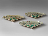 Set of three dishes in the shape of  fans, Earthenware with polychrome glaze (Ko-Kiyomizu ware), Japan