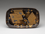 Tray with decoration of cherry blossoms and floating rafts, Gold and silver maki-e on black lacquer, Japan