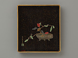 Writing box with design of praying mantis, Ogawa Haritsu (Ritsuō) (Japanese, 1663–1747), Lacquer, enamel, pottery and bone on wood, Japan