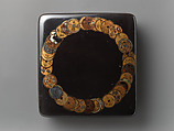 Box for writing implements with design of ancient coins, Gold and mixed metal makie with inlaid mother-of-pearl, on black lacquer, Japan