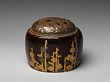Handwarmer with decoration of plum blossoms, Gold and silver makie on black lacquer, bronze openwork cover, Japan