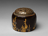 Handwarmer with decoration of plum blossoms, Gold and silver makie on black lacquer, bronze openwork cover, Japan