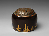 Handwarmer with decoration of plum blossoms, Gold and silver makie on black lacquer, bronze openwork cover, Japan