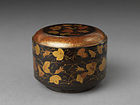 Cylindrical food box with decoration of morning glories, Gold hiramaki-e with nashiji on black lacquer, Japan