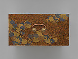 Picnic set with decoration of chrysanthemum and autumn grasses, Sprinkled gold and silver maki-e on red lacquer cabinet; sprinkled gold and black lacquer on red lacquer boxes; Kyoto-ware sake bottle (glazed stoneware with enamels), Japan