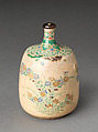 Picnic set with decoration of chrysanthemum and autumn grasses, Sprinkled gold and silver maki-e on red lacquer cabinet; sprinkled gold and black lacquer on red lacquer boxes; Kyoto-ware sake bottle (glazed stoneware with enamels), Japan