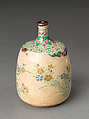 Picnic set with decoration of chrysanthemum and autumn grasses, Sprinkled gold and silver maki-e on red lacquer cabinet; sprinkled gold and black lacquer on red lacquer boxes; Kyoto-ware sake bottle (glazed stoneware with enamels), Japan
