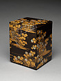 Five-tiered picnic box with design of wild pinks, Gold maki-e, inlaid mother-of-pearl, and applied silver on black lacquer, Japan