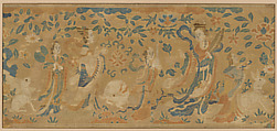 Panel with the moon goddess and attendants, Plain-weave silk brocaded with silk and metallic thread, China