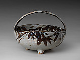 Bowl with Handle (Tebachi) with Bamboo in Snow Pattern, Style of Nin'ami Dōhachi (Takahashi Dōhachi II) (Japanese, 1783–1855), Stoneware with underglaze iron oxide, white slip, and transparent overglaze (Kyoto ware), Japan