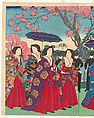 View of Benten Shrine on Nakanoshima Island in Shinobazu Pond, Ueno Park, from the series Famous Views of Tokyo (Tōkyō Tokyo meisho yori Ueno kōen Shinobazu no ike Nakanoshima Benten no kei), Utagawa Hiroshige III (Japanese, 1843–1894), Triptych of woodblock prints (nishiki-e); ink and color on paper, Japan