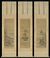 Mount Penglai with Eight Views of Xiao and Xiang, Kano Tansui Moritsune (active 19th century), One from a triptych of hanging scrolls; ink and color on silk, Japan