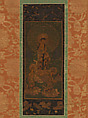 Welcoming Descent of Amida Buddha with Bodhisattvas Kannon and Seishi, Hanging scroll; silk and hair embroidery on silk ground, Japan