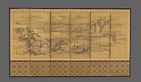 Fishing Village, Andō Baiho (Japanese, 1777–1825), Six-panel folding screen; color on silk, Japan