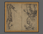 Monkeys on Rocks and Trees, Sesson Shūkei Japanese, Two-panel folding screen; ink on paper, Japan