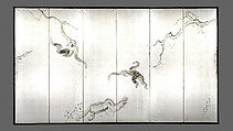 Monkeys, Miki Suizan (Japanese, 1887–1957), Pair of six-panel folding screens; ink on silvered paper, Japan