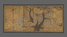 Cherry, Plum and Willow Trees, Unidentified artist Japanese, 17th century, Single six-panel folding screen; ink, color, gold, and gold leaf on paper, Japan
