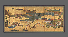 One Hundred Chinese Boys, Six-panel folding screen; ink, color, and gold on gilded paper, Japan