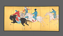 Mongolian Women Horse Riders, Hikida (Hikita) Hōshō 疋田芳沼 (Japanese, 1878–1934), Pair of six-panel screens; ink and color on paper, Japan