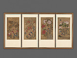 Birds and Flowers, Unidentified artist, Eight-panel screen mounted as two sets of four panels; ink and color on paper, Korea