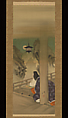 Murasaki Shikibu at Ishiyamadera Temple, based on the print “The Moon at Ishiyama,” from the series One Hundred Aspects of the Moon (Tsuki hyakushi: Ishiyama no tsuki), Tsukioka Yoshitoshi (Japanese, 1839–1892), Hanging scroll; ink and color on silk, Japan