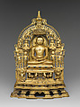 Svetambara Enthroned Jina, with Attendant Yaksha and Yakshi, Copper alloy inlaid with silver and copper, India (Gujarat)