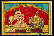 Lord Hayagriva accepting a food offering from Shri Vadiraja Thirtharu of Sondhe, Unidentified artist , Indian, 1920s, Chromolithographic print, India, Poona