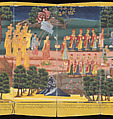 Scenes from Life of the Buddha, Court of King Mindon (Burmese, r. 1853–78), Accordion-fold album (Burmese: parabaik), watercolors, ink and gold on mulberry bark paper, with tooled leather boards, Myanmar (Burma), Mandalay