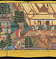 Scenes from Life of the Buddha, Court of King Mindon (Burmese, r. 1853–78), Accordion-fold album (Burmese: parabaik), watercolors, ink and gold on mulberry bark paper, with tooled leather boards, Myanmar (Burma), Mandalay