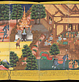 Scenes from Life of the Buddha, Court of King Mindon (Burmese, r. 1853–78), Accordion-fold album (Burmese: parabaik), watercolors, ink and gold on mulberry bark paper, with tooled leather boards, Myanmar (Burma), Mandalay