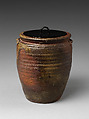 Freshwater Jar (Mizusashi) in the Shape of a Seed Jar (Tane-tsubo), Stoneware with natural ash glaze (Bizen ware, Ko-Bizen type); black-lacquered wooden lid, Japan