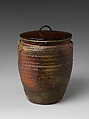 Freshwater Jar (Mizusashi) in the Shape of a Seed Jar (Tane-tsubo), Stoneware with natural ash glaze (Bizen ware, Ko-Bizen type); black-lacquered wooden lid, Japan