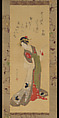 Courtesan Holding a Poetry Slip, Chōbunsai Eishi (Japanese, 1756–1829), Hanging scroll; ink, color, and gold on silk, Japan