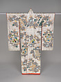 Over robe (uchikake) with mandarin orange branches and books, Figured satin-weave silk with stencil-dyed dots, silk embroidery, and couched gold thread, Japan