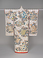 Over robe (uchikake) with mandarin orange branches and books, Figured satin-weave silk with stencil-dyed dots, silk embroidery, and couched gold thread, Japan