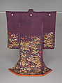 Over robe (uchikake) with chrysanthemums, butterflies, and sheaves of rice straw, Figured satin-weave silk with paste-resist dyeing, silk embroidery, and couched gold thread, Japan