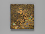 Writing box (suzuribako) with chrysanthemums and autumn grasses, Attributed to Igarashi Dōho (Japanese, died 1678), Lacquered wood with gold, silver takamaki-e, hiramaki-e, togidashimaki-e, cut-out gold and silver foil application, mother-of-pearl inlay, Japan