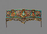 Forehead Ornament for a Deity, Gilt silver, brass, diamonds, emeralds, rubies, sapphires, pearls, coral, shell, mother of pearl, amber, turquoise, and semiprecious stones, Newari, for the Nepalese or Tibetan market