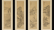 Landscapes after old masters, Dai Xi (Chinese, 1801–1860), Set of four hanging scrolls; ink on gold-flecked paper, China