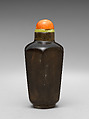Snuff Bottle, Smoky quartz with coral and glass stopper, China