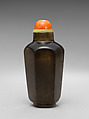 Snuff Bottle, Smoky quartz with coral and glass stopper, China