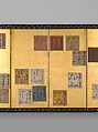 Japanese and Chinese Poems of the Four Seasons, Attributed to Konoe Sakihisa (Japanese, 1536–1612), Pair of six-panel folding screens; ink, color, and metallic pigments on decorated-paper shikishi (poetry cards) on gold leaf, Japan