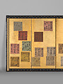 Japanese and Chinese Poems of the Four Seasons, Attributed to Konoe Sakihisa (Japanese, 1536–1612), Pair of six-panel folding screens; ink, color, and metallic pigments on decorated-paper shikishi (poetry cards) on gold leaf, Japan