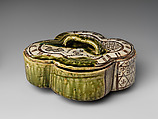 Covered Vessel (Futamono) with Plum Tree, Stoneware with iron and copper green overglaze decoration (Mino ware, Oribe type), Japan