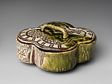 Covered Vessel (Futamono) with Plum Tree, Stoneware with iron and copper green overglaze decoration (Mino ware, Oribe type), Japan