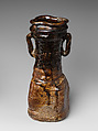 Brown Oribe Flower Holder with Handles, Stoneware with natural ash, feldspar, and iron glaze (Mino ware, Kuro-Oribe type), Japan