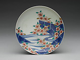 Dish with Cherry Blossom Rafts, Porcelain painted with cobalt blue under and polychrome enamels over a transparent glaze (Hizen ware, Nabeshima type), Japan