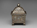 Incense burner with peacock and peony, Iron damascened with silver, China